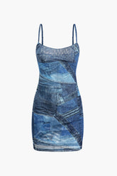 Illusion Pattern Mesh Slip Sleeveless Slit Mini Dress